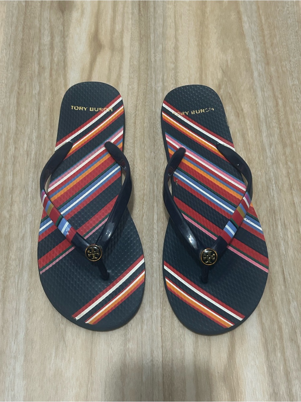 Tory Burch Navy Flip Flops with Multicolor Stripes
